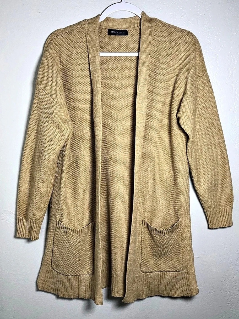 MEROKEETY Women's Beige Knit Open Front V-Neck Pocket Cardigan Sweater L